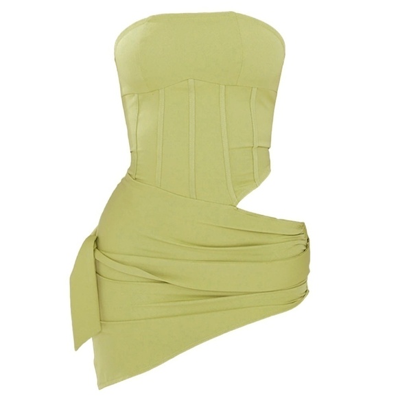 Pretty LittleThing Dress Shape Olive Woven Corset Tie Side Bodycon Cut Out - Picture 8 of 12